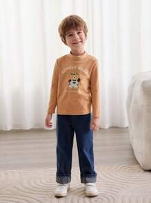 Cozy Pixies Cartoon Bear Pattern Knitted Soft Stand Collar Long Sleeve Pullover T-Shirt For Young Boy