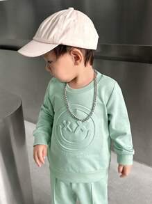 SHEIN Infant Boys 3D Embossed Smiling Face Long Sleeve Sweatshirt And Pants Set, Mint Green, Warm Casual Comfortable Outfit For Fall/Winter