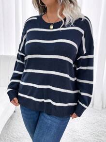 EMERY ROSE Plus Size Casual Colorblock Striped Drop Shoulder Sweater, Spring Autumn Knit Pullover Fall Winter - Multicolor - View 3