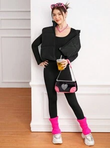 2pcs Teen Girl Casual Solid Color Sleeveless Tank Top And Solid Color Jumpsuit Set - Black - View 6