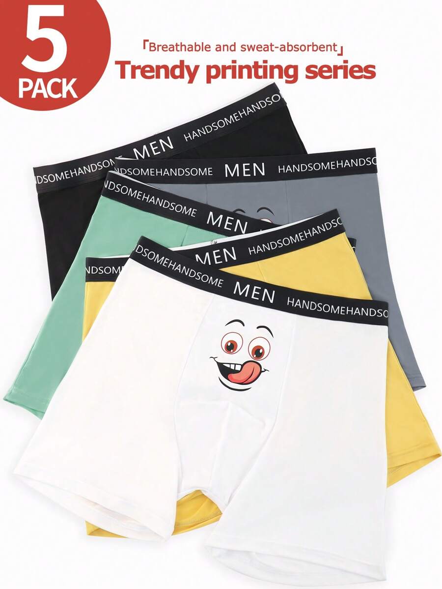 Snug Zone 5pcs/Pack Men's Simple Contrast Color Cartoon Print Boxer Briefs - Multicolor - View 1