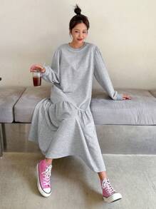 DAZY 女式超大圆领泡泡袖运动衫连衣裙，中长款，荷叶边，秋季服装 - 深灰色 - 查看 7