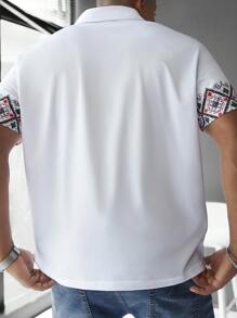 Manfinity Homme 大码男士休闲几何印花 Polo 衫，夏季 - 白色 - 查看 2