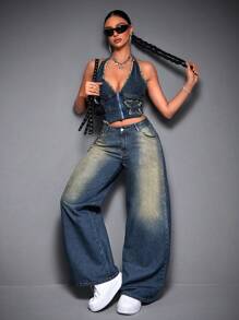 SHEIN ICON 女士休闲洗水阔腿牛仔裤