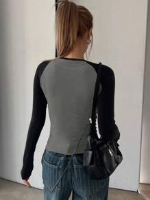 DAZY Color Block Long Sleeve T-Shirt For Women,Fall Clothes - Black - View 2