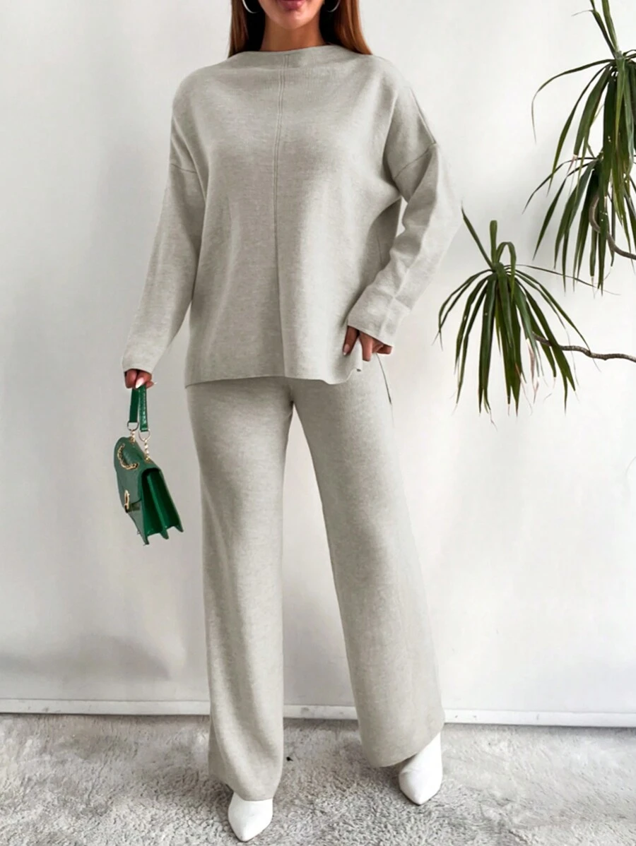 EURMUSE Drop Shoulder Sweater & Knit Pants - Beige - View 1