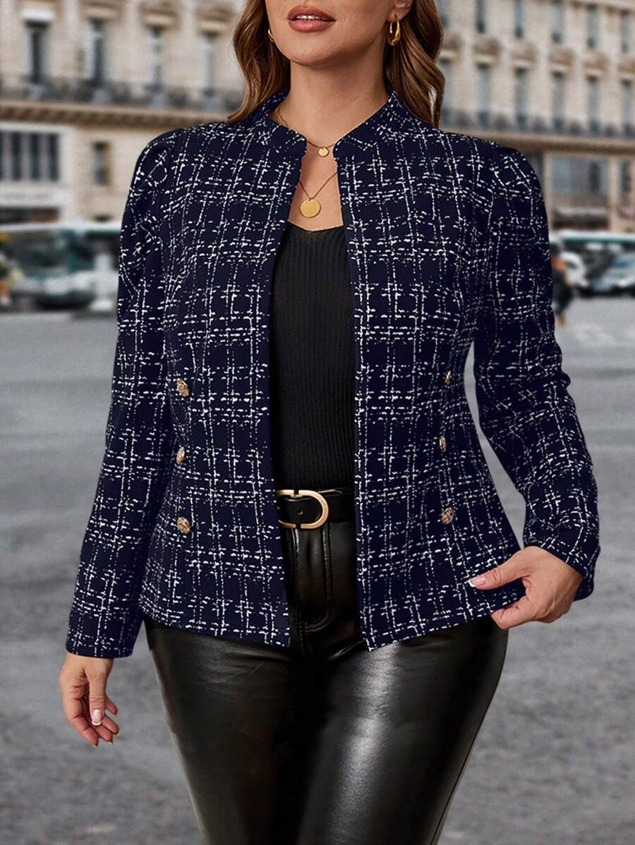 SHEIN Clasi Plus Size Women's Metal Button Decorated Tweed Fabric Jacket, Elegant Daily Casual Business Commute Winter Fall Autumn Faux Tweed Print - Navy Blue - View 1