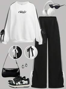 SHEIN Girlism 2pcs/Set Teen Girls Contrast Color Ribbon Bow Sweatshirt And Pants Casual Sporty Campus Style Outfit, Autumn