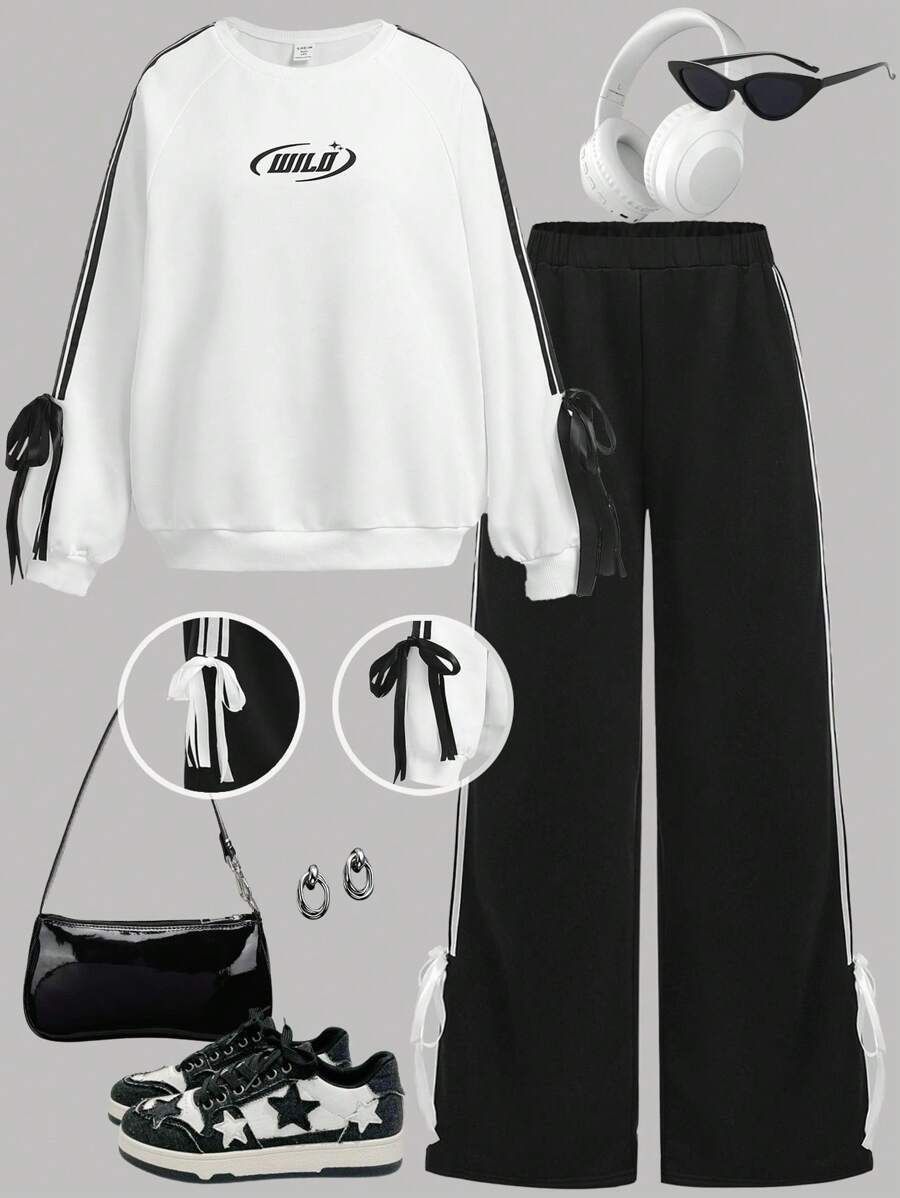 SHEIN Girlism 2pcs/Set Teen Girls Contrast Color Ribbon Bow Sweatshirt And Pants Casual Sporty Campus Style Outfit, Autumn