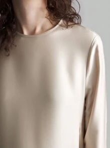 Ontre 女士杏色不对称下摆长袖圆领缎面连衣裙，新款奢华简约设计圣诞节/新年/情人节派对礼服