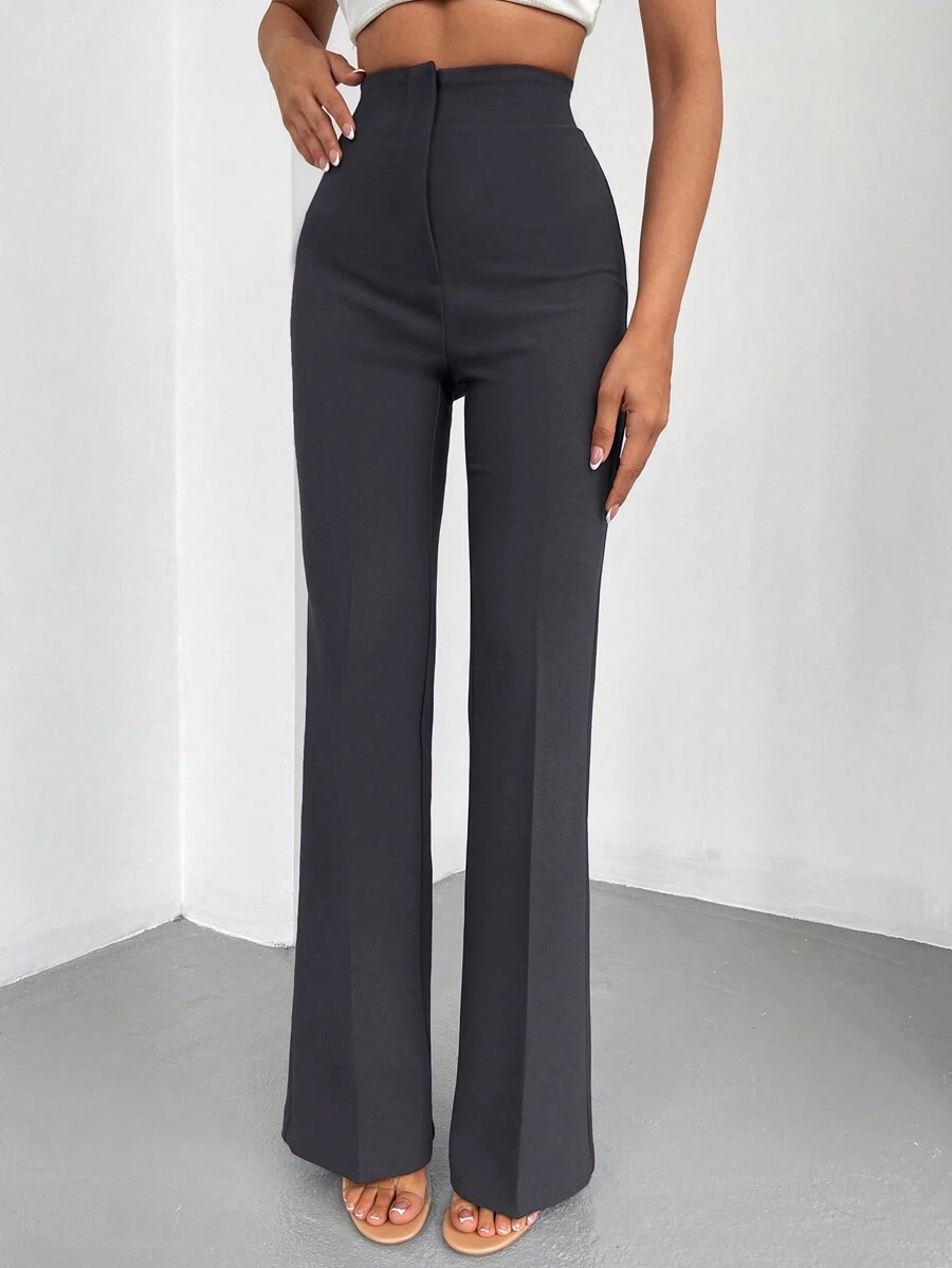 EURMUSE Damen Einfarbige Gerade Hochtaillierte Hosen für Lässig/Business Outfit - Dunkelgrau - Übersicht 1