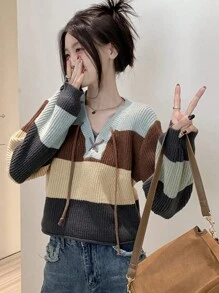 DAZY Women's Casual Color Block Striped Cross Strap Sweater, Spring/Fall - Multicolor - View 7