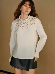MOTF STUDIO FRILL MOCK NECK EMBROIDERY LASER CUT FLARE SLEEVE BLOUSE