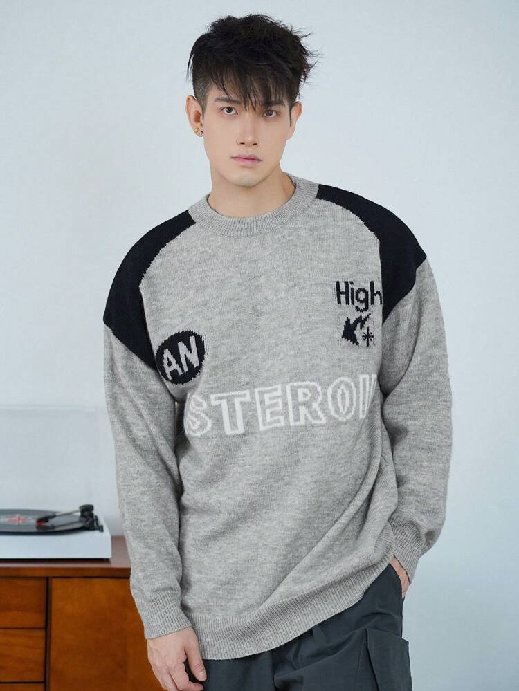 Men's Casual Contrast Color Patchwork Letter Print Sweater, Autumn