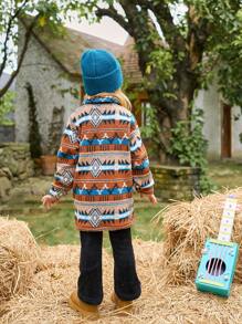 SHEIN Young Girl Retro Pattern Fleece Long Sleeve Cardigan Jacket With Pockets, Brown, Winter