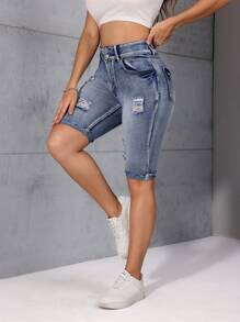 Breezaya Women's Casual Washed Distressed Skinny Denim Shorts - Dark Wash - View 6
