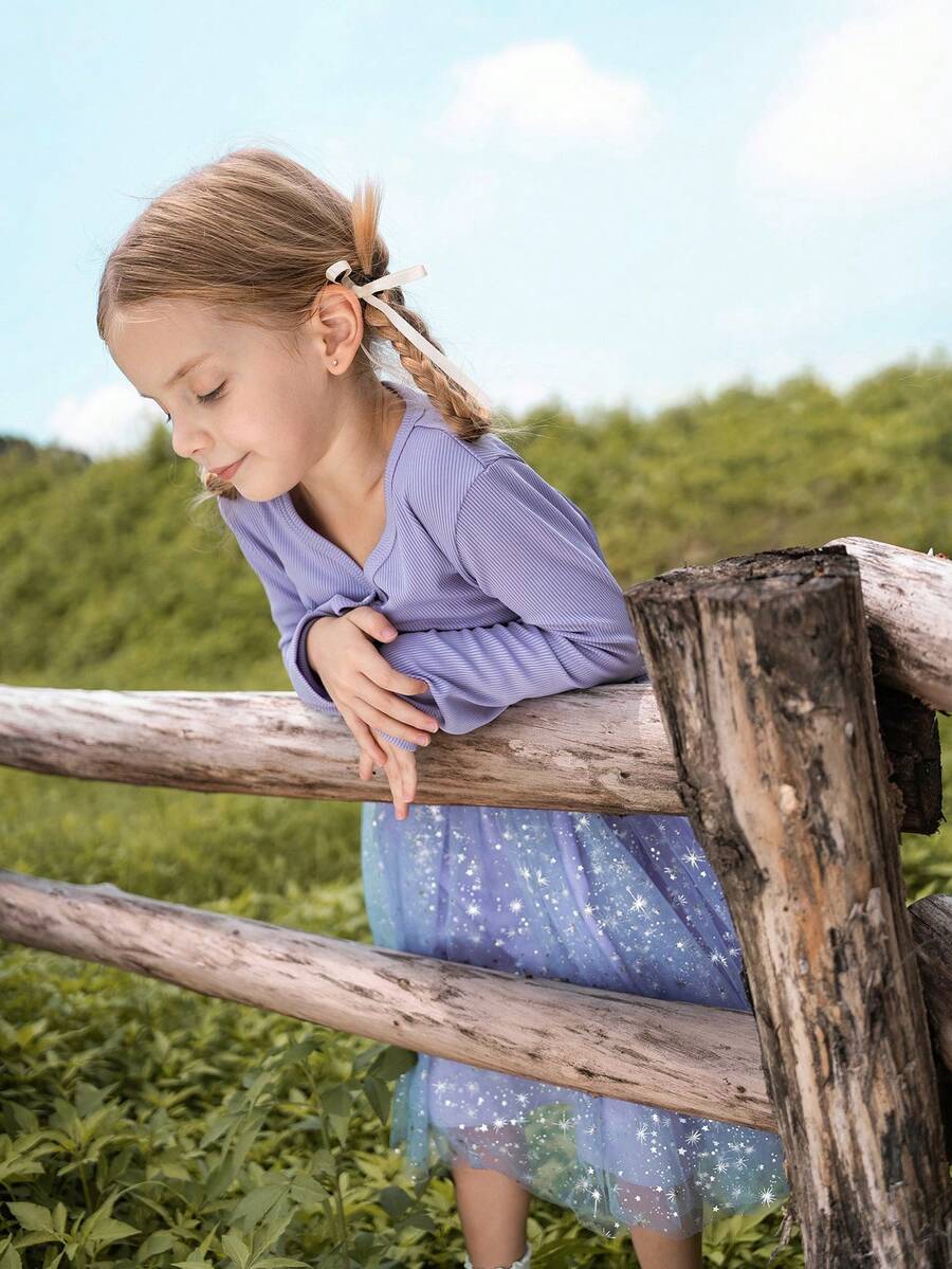 Young Girls Button Front Ribbed Jacket And Floral Embroidered Mesh