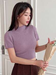 DAZY 女士纯色圆领短袖休闲针织毛衣 - 紫色 - 查看 7