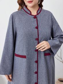 Al Najma 加大码纯色拼布前扣长袖简约长袍，端庄优雅的阿拉伯长裙，适合旅行/休闲/居家/度假，长袍长袍 - 灰色 - 查看 6