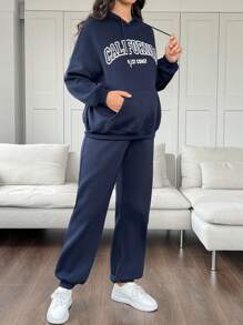 SHEIN 2 件孕妇休闲字母印花保暖内衬连帽衫和抽绳裤套装，秋冬 - 藏蓝色 - 查看 4