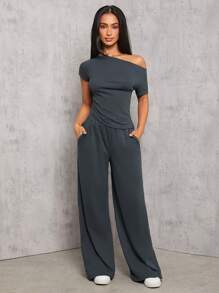 SHEIN PETITE Dark Gray Knitted Women's Slim Fit Suit - Grey - View 7