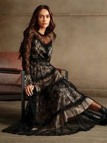 Anewsta Women's Elegant Butterfly Lace Dress With Structural Design - Black - View 3