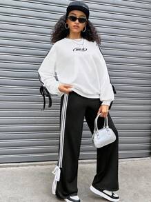 SHEIN Girlism 2pcs/Set Teen Girls Contrast Color Ribbon Bow Sweatshirt And Pants Casual Sporty Campus Style Outfit, Autumn