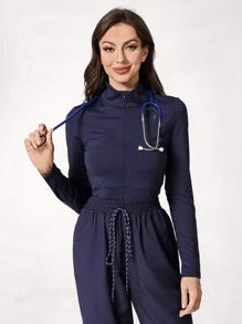 TaskEZ Women's Long Sleeve Turtleneck High Stretch Warm Base Scrub Uniform Top, Fashionable And Slimming - Navy Blue - View 5