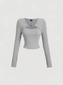 SHEIN MOD Áo chui đầu màu xám cho nữ, Áo phông nữ, Quần áo thường ngày ở nhà, Áo phông dài tay mùa đông, Áo cổ vuông khoét rỗng, Áo phông ấm áp - Xám - Xem 1