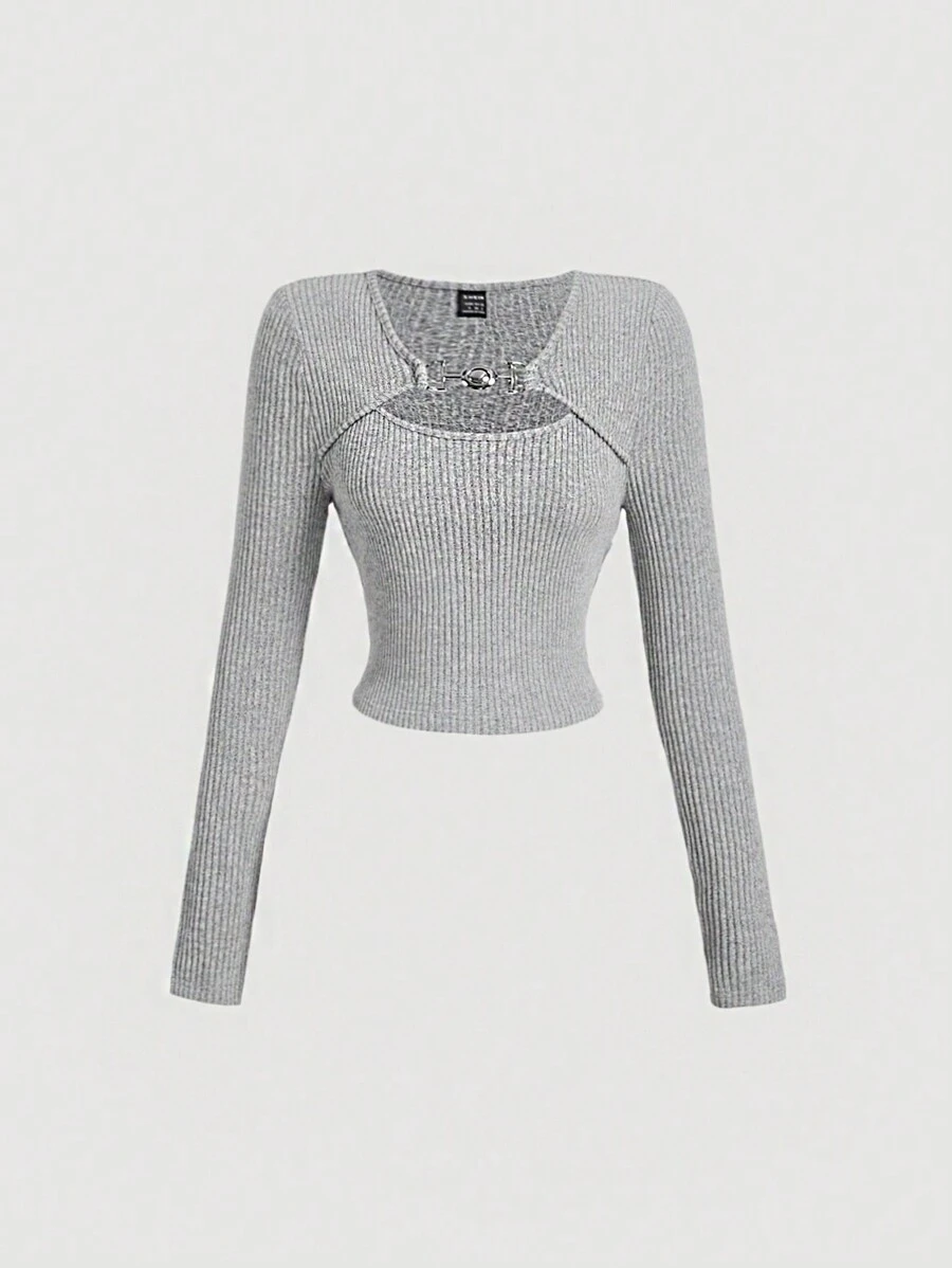 SHEIN MOD Áo chui đầu màu xám cho nữ, Áo phông nữ, Quần áo thường ngày ở nhà, Áo phông dài tay mùa đông, Áo cổ vuông khoét rỗng, Áo phông ấm áp - Xám - Xem 1