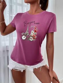 INAWLY Áo thun cổ tròn tay ngắn in chữ và xe đạp - Màu đỏ tím - Xem 3