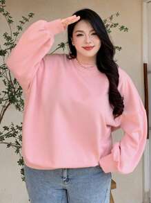Dazy Plus Plus Size Solid Color Crew Neck Casual Sweatshirt For Teenage Girls, For Winter