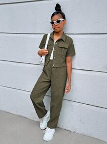 SHEIN Ensemble 3 pièces pour jeune fille avec chemise à manches courtes tressée de couleur unie, pantalon à jambe droite et camisole, style casual