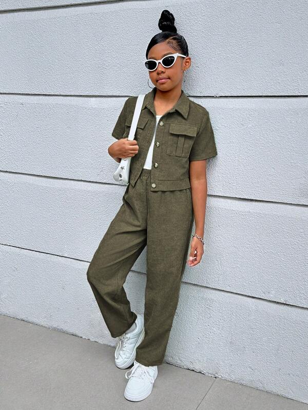 SHEIN Ensemble 3 pièces pour jeune fille avec chemise à manches courtes tressée de couleur unie, pantalon à jambe droite et camisole, style casual