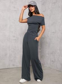 SHEIN PETITE Dark Gray Knitted Women's Slim Fit Suit - Grey - View 2