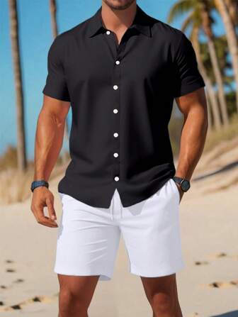 2 Stücke Herren Set aus einfarbigem Kurzarm Hemd mit Kragen und Knopfleiste sowie Shorts, Lässig anzug