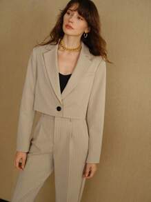 MOTF STUDIO STRIPED PRINT LAPEL COLLAR CROP BLAZER