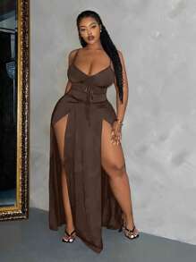 Slaydiva Váy xòe hở lưng màu trơn gợi cảm cỡ lớn có dây rút - L - màu nâu - Xem 1