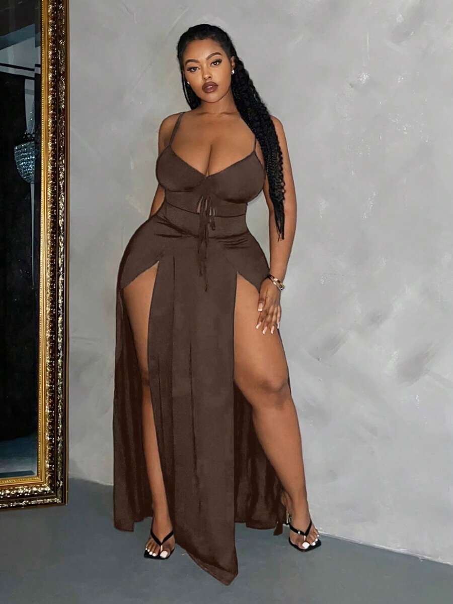 Slaydiva Váy xòe hở lưng màu trơn gợi cảm cỡ lớn có dây rút - L - màu nâu - Xem 1