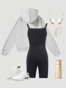 SHEIN 2 Stücke/Set Teenager Mädchen Kapuzen-Sweatshirt mit grauem Muster & schwarzer Jumpsuit, lässige Sportbekleidung - Grau - Übersicht 2