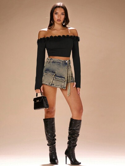 SHEIN X  Ignacia Antonia Zolique Blusa de mujer de manga larga con hombros descubiertos y adorno floral en 3D