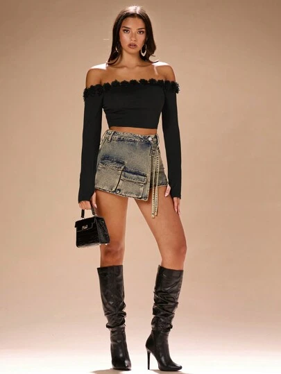 SHEIN X  Ignacia Antonia Zolique 3D Floral Trim Off Shoulder Black Long Sleeve Women's Crop Tops Fall&Winter Women Clothes