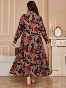 Al Najma Vestido de manga larga con un solo pecho y estampado botánico para mujer de talla grande, ropa árabe, casual, modesta para uso diario casual/viajes/vacaciones/uso en casa, vestido largo de talla grande para uso árabe