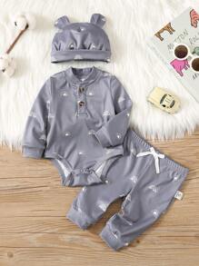 SHEIN 3pcs Newborn Baby Boy/Girl Gray Ribbed Bodysuit, Loose Pants And Bear Ears Hat Set, Soft And Comfortable, Suitable For Spring, Autumn And Winter Casual Wear, Suitable For Indoor And Outdoor - Grey - View 5