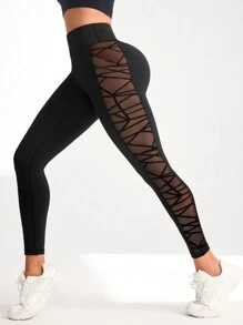 纯色网眼对比透视紧身运动紧身裤