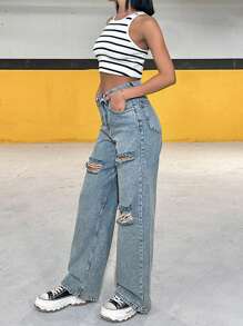 SHEIN Cottnline VAQUEROS ACAMPANADOS DE TIRO ALTO ROTOS ESTILO Y2K - Azul lavado medio - Ver 5