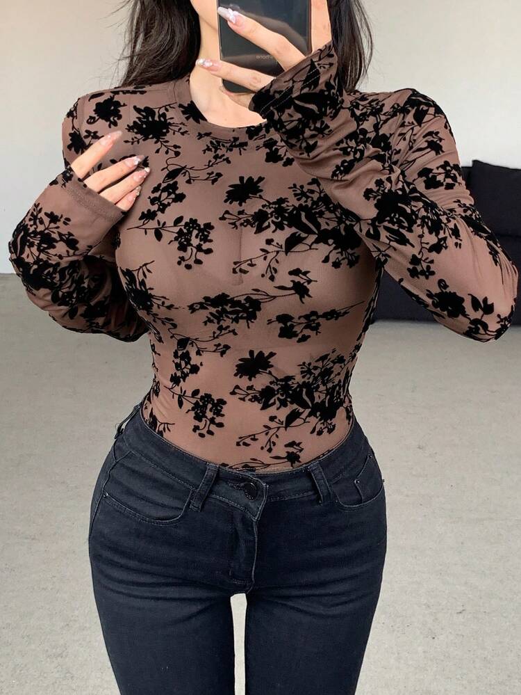 Women's Full Floral Print Mesh Long Sleeve Top Going Out Tops Sheer,Fall Women Clothes