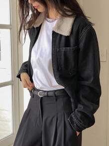 DAZY Áo khoác dày cổ bẻ bằng vải denim cho nữ, áo khoác lông cừu giả, thường ngày, mùa thu/đông, quần áo nữ mùa thu, lót nhiệt - màu đen - Xem 8