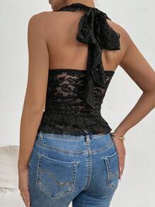 Chiquease Women's Black V-Neck Ruffle Lace Halter Top - Black - View 2