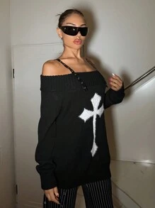 SHEIN ICON Halloween Cross Pattern Casual Oversized Long Sleeve Sweater With Thick Straps Outfits, Women Clothes
